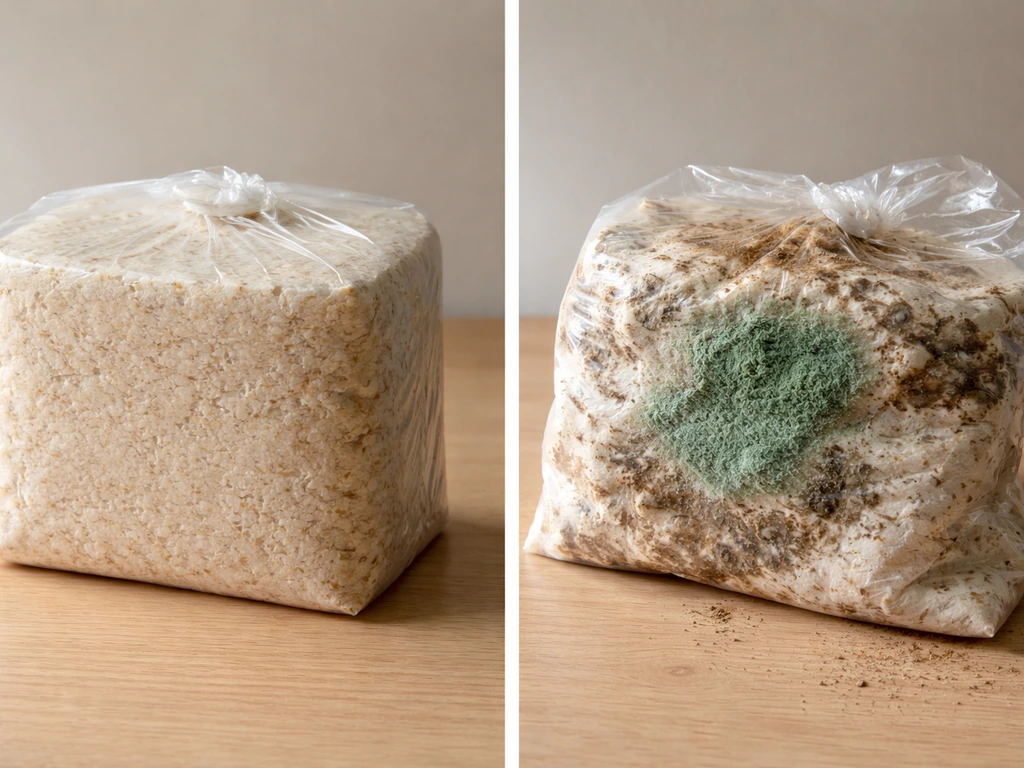 Split view of a clean mushroom grow block and a discarded block with green mold patch