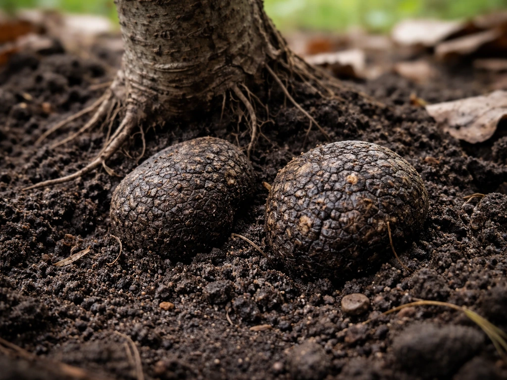 Fresh truffles partially emerging from dark soil at the base of a small orchard tree.