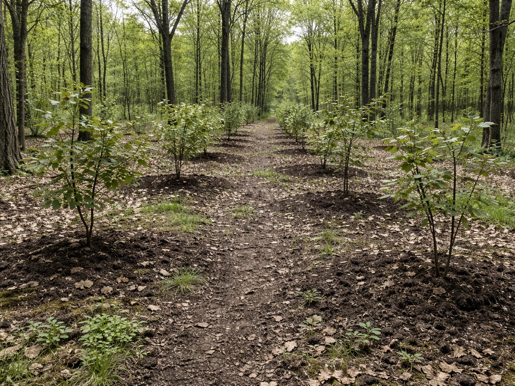 Truffle orchard site in Wisconsin woodland with open understory, leaf litter, and low groundcover.
