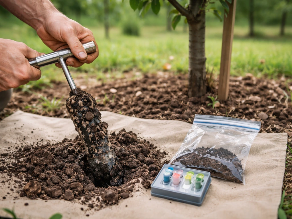 Garden soil sample testing in a Wisconsin orchard with an auger and soil test kit on a tarp.
