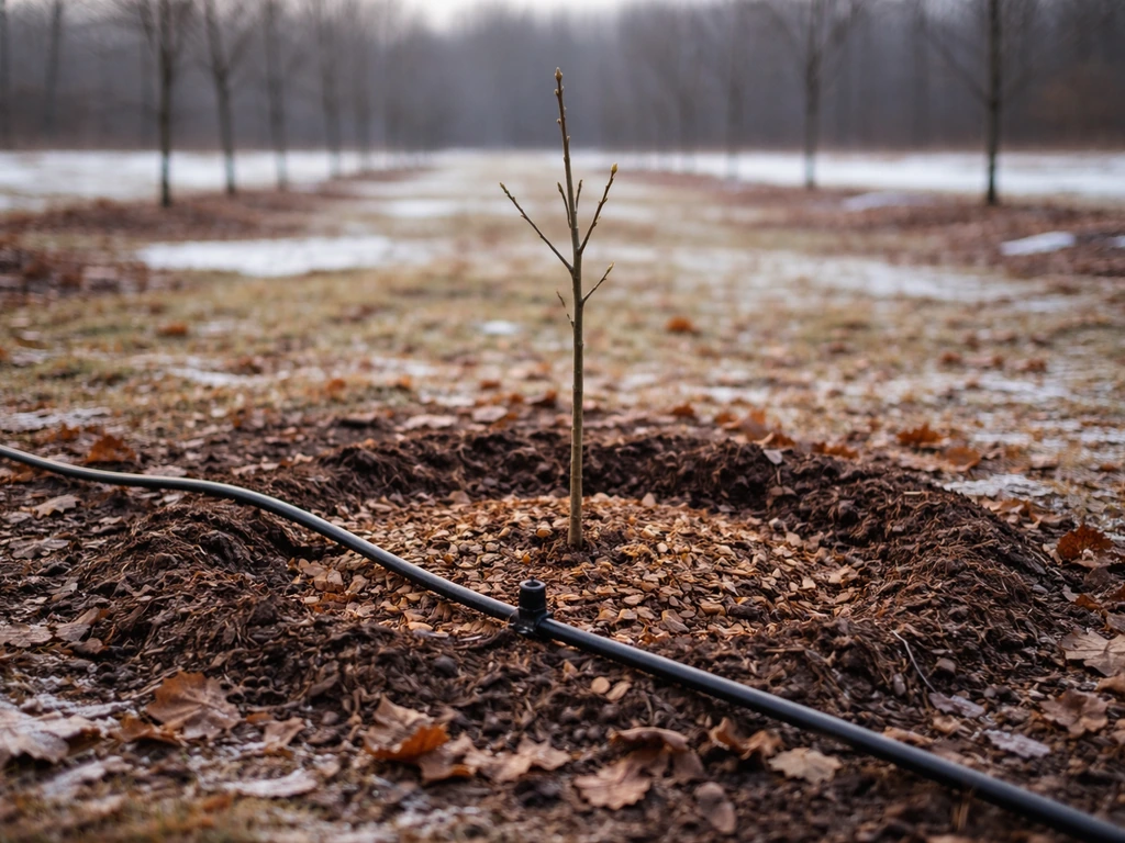 Young truffle sapling in mulched soil with drip irrigation lines, frosty winter orchard groundcover.