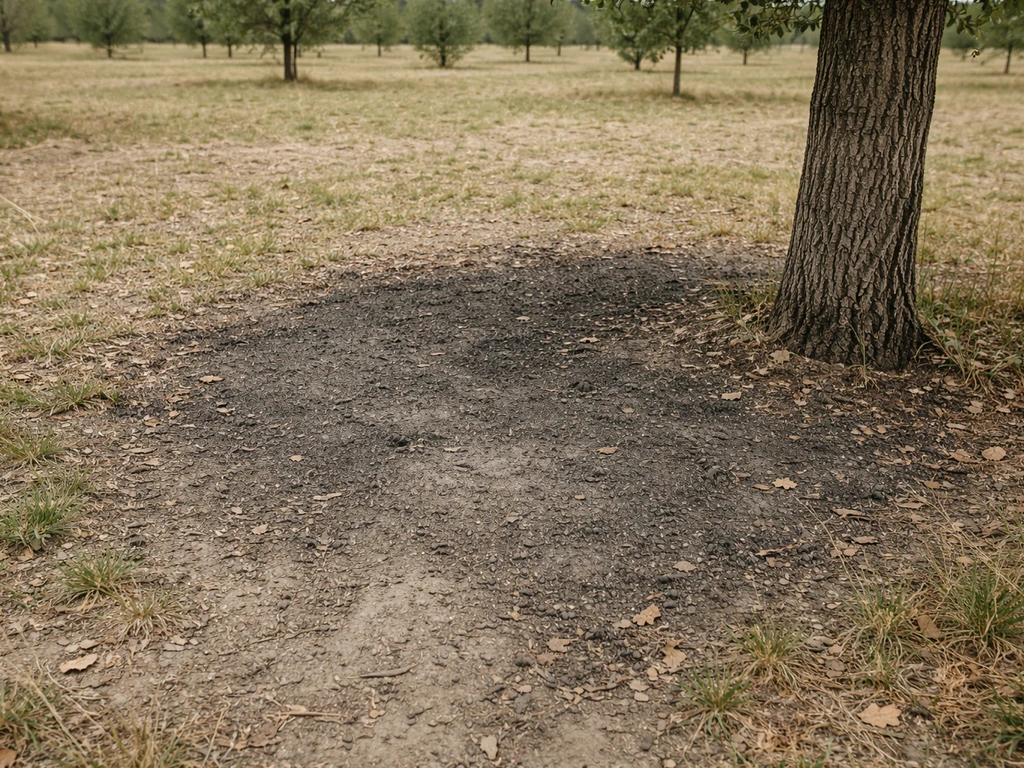Burnt patch area (“brûlé”) beneath a truffle orchard tree, showing clear soil contrast on the ground.