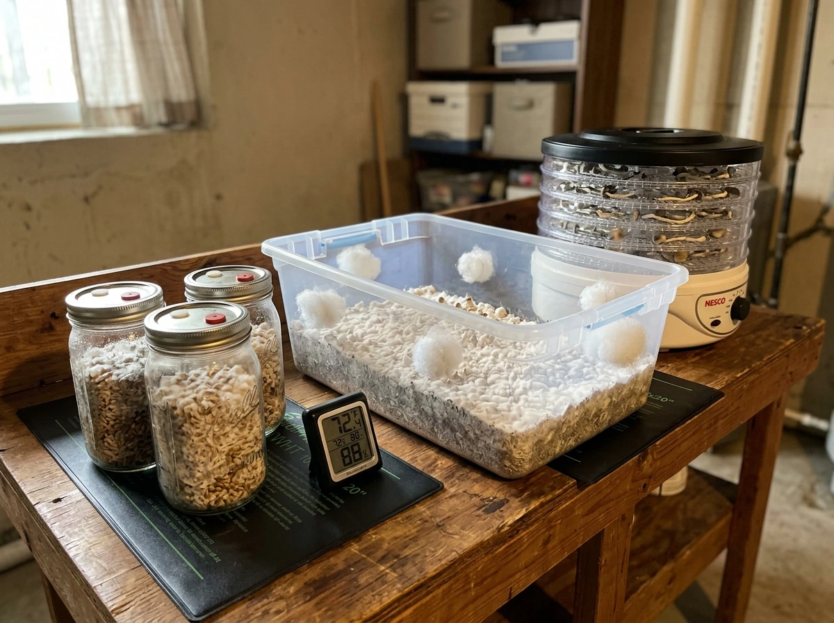 Indoor grow setup with grain jars, a fruiting tote, and drying gear representing the full step-by-step process in Illino