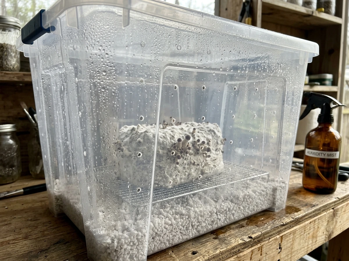 SGFC fruiting tote with high humidity droplets and early pins