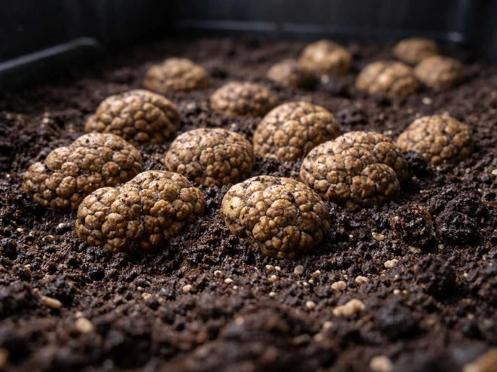 Close-up of freshly formed sclerotia truffles on dark soil in an indoor grow setup.