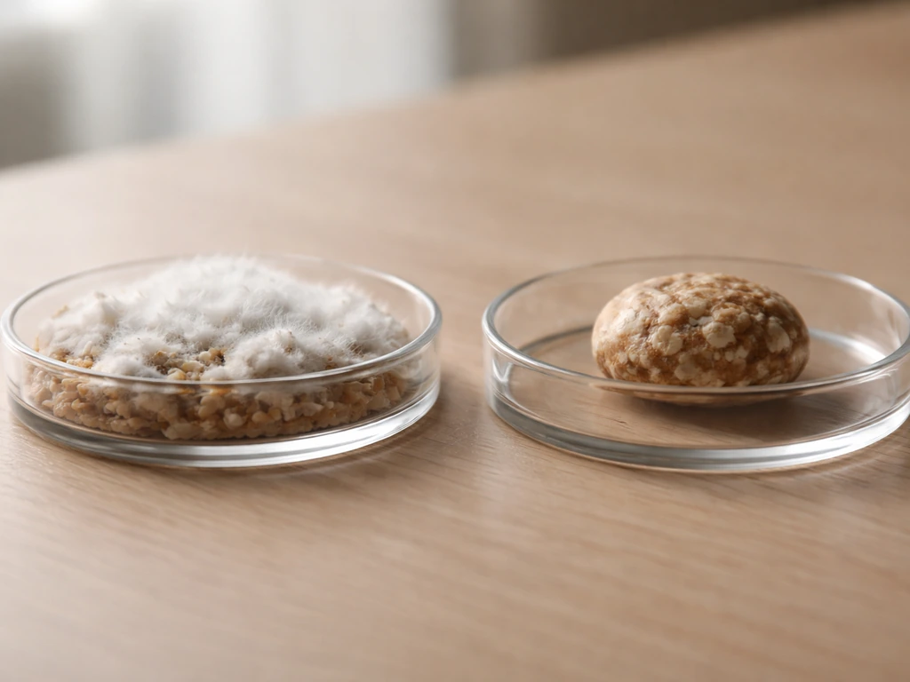 Side-by-side view of white fuzzy fungal mycelium and a compact hardened sclerotium in glass dishes.