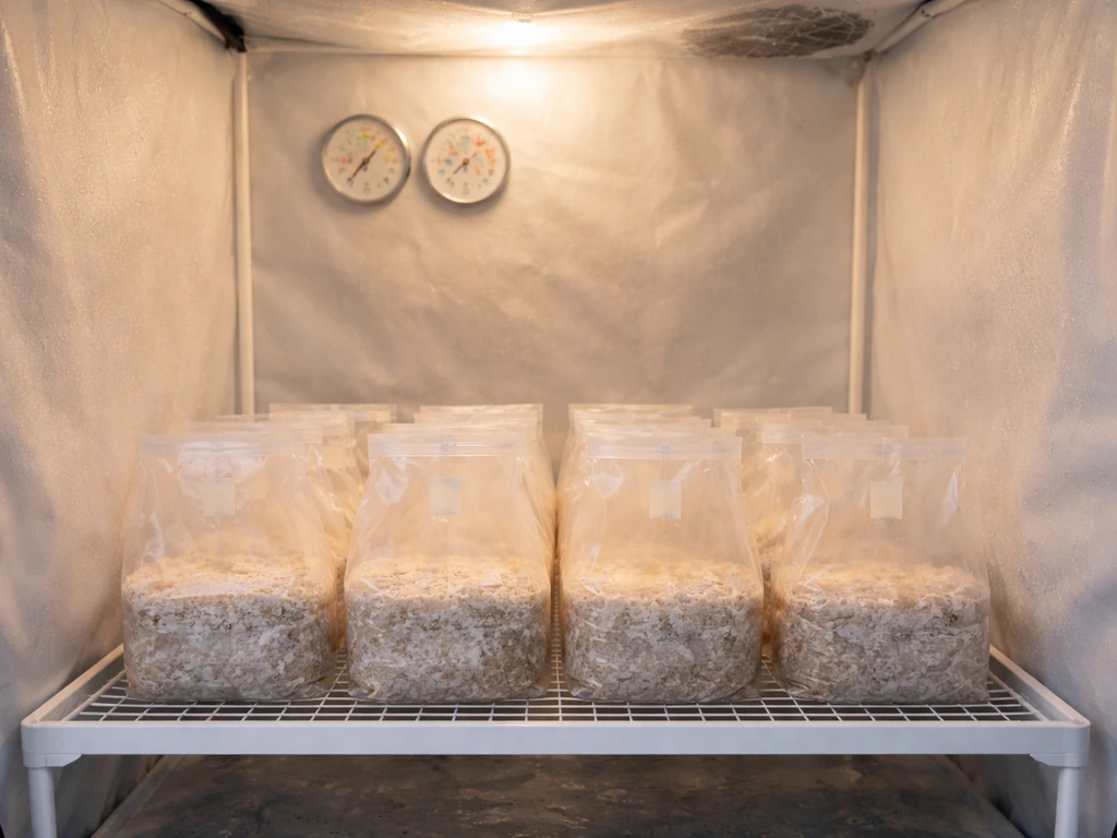 Indoor grow tent with sealed culture bags in a humid chamber, thermometer and hygrometer on wall