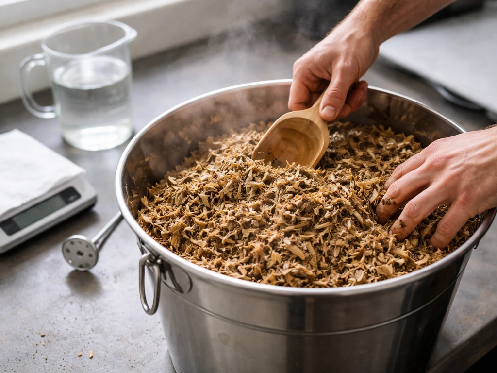 Wood chips and straw being hydrated and mixed in a bucket with staging tools nearby.
