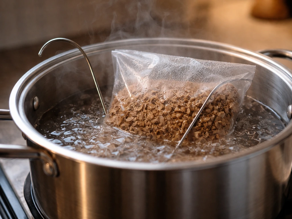 Close-up of a sealed substrate bag submerged in a pot during steam-like pasteurization with a probe thermometer.