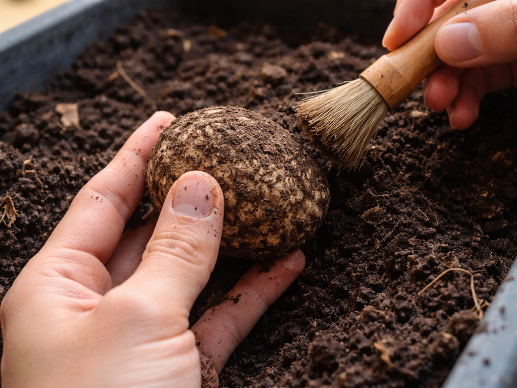 Close-up of hands unearthing a dense sclerotium and brushing off soil for a hardness check