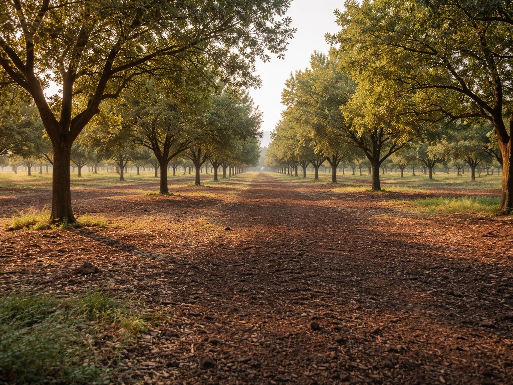 Sunlit Georgia truffle orchard with mature oak host trees and prepared soil in an open layout