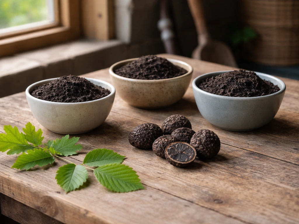 Minimal photo of a wooden table with small bowls of soil and mushrooms beside truffle-like items, no text.