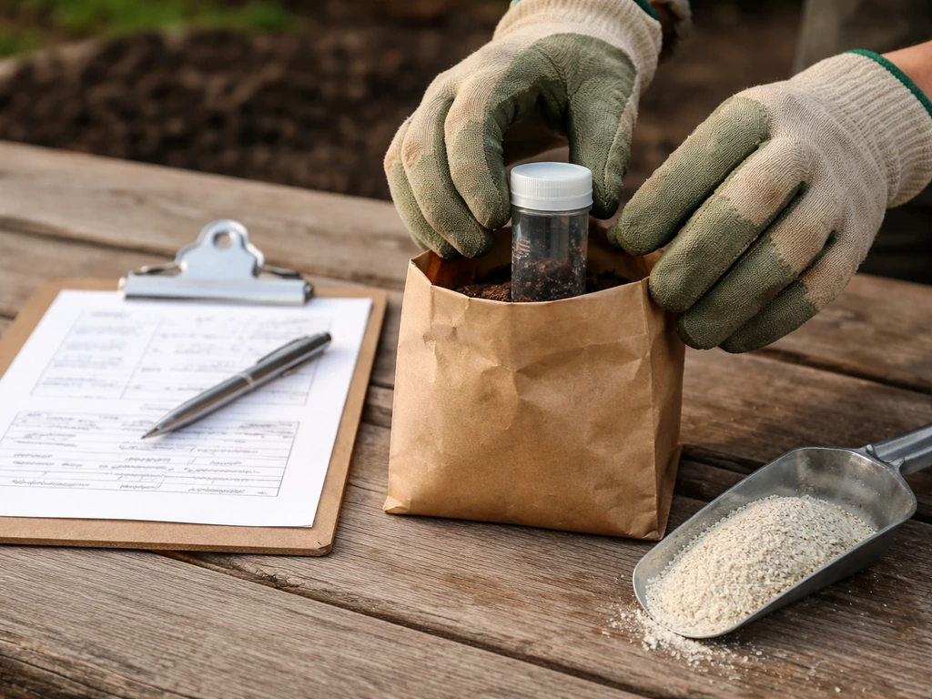 Close-up of soil test kit bag, soil sample container, and lime/worksheet on a wooden table