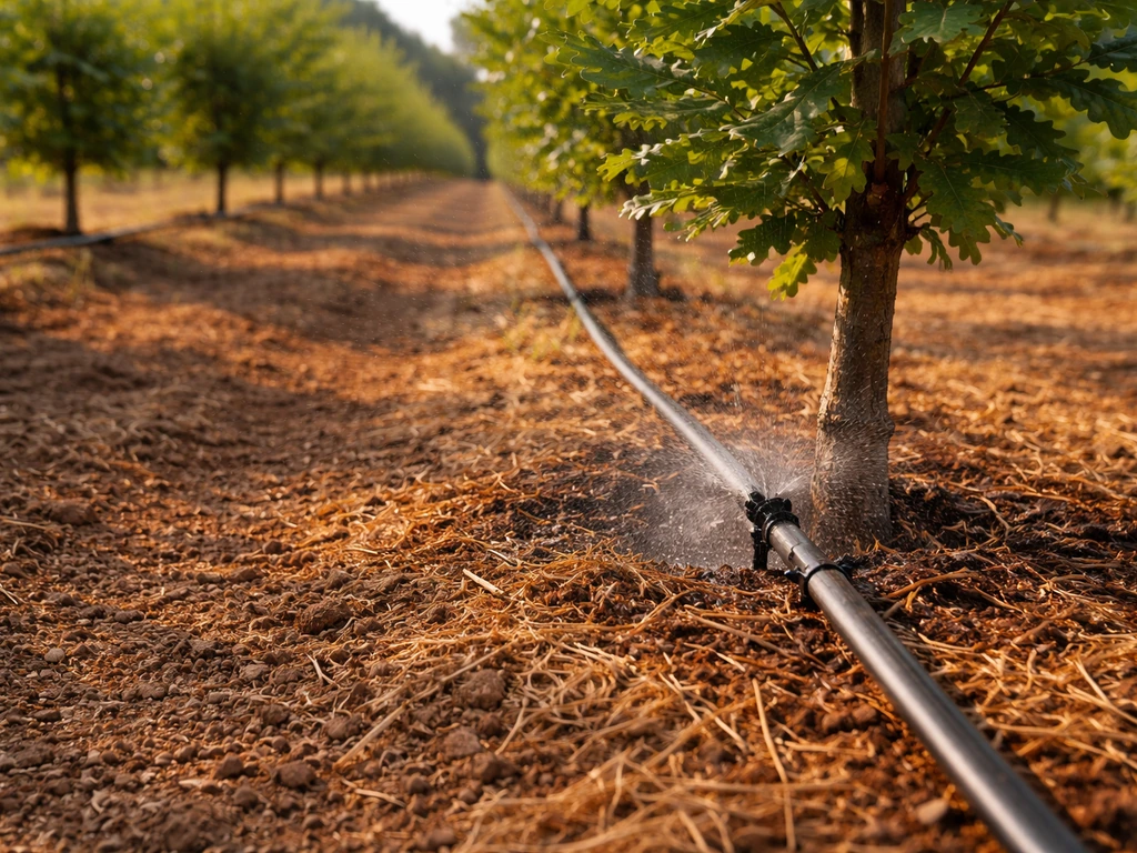 Drip irrigation tubing watering a single row of trees in a warm orchard setting.