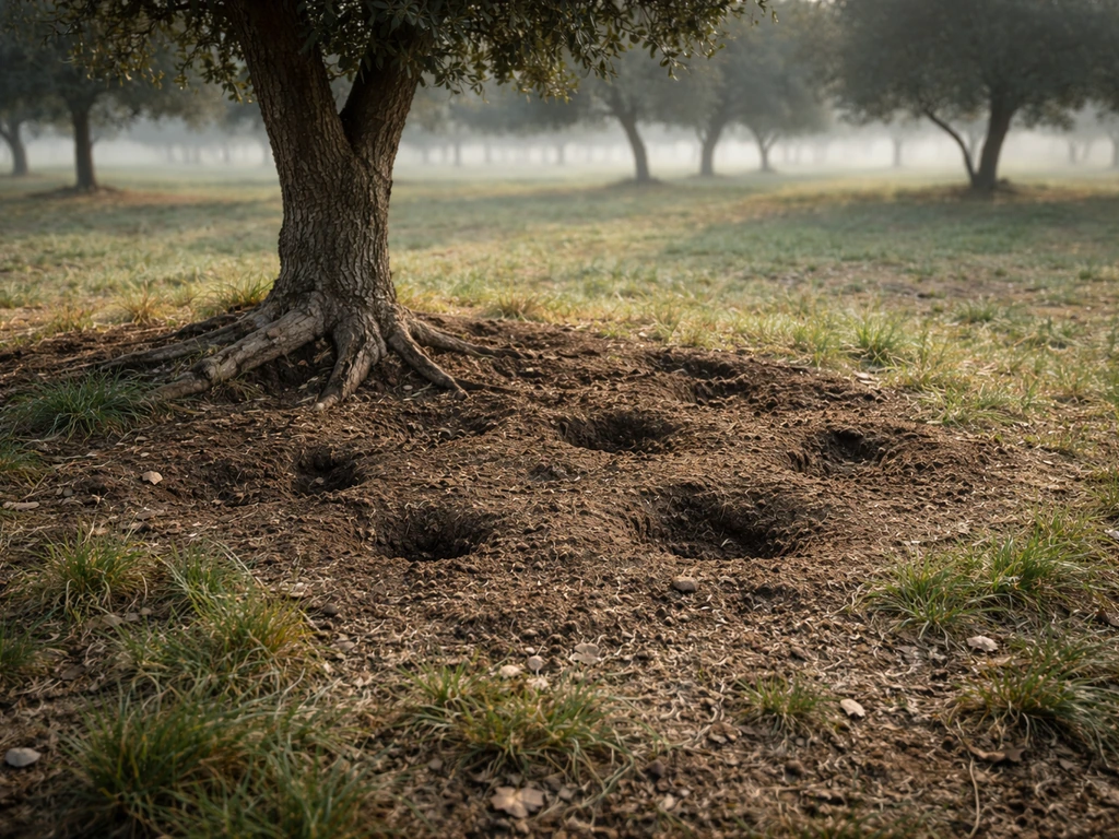 Shallow disturbed soil with a small brûlé patch at the base of a host tree in a quiet truffle orchard.