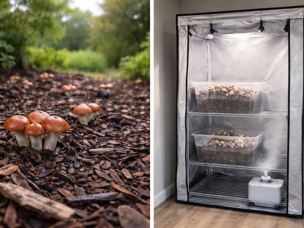 Split scene: outdoor wine-cap mushroom bed beside an indoor humid grow tent setup with shelves.