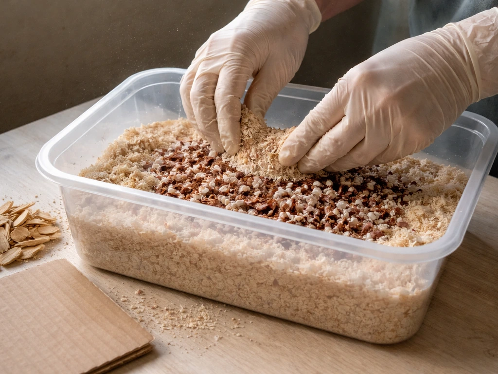 Gloved hands layering sawdust substrate and wine cap spawn in a shallow tub on a simple table.