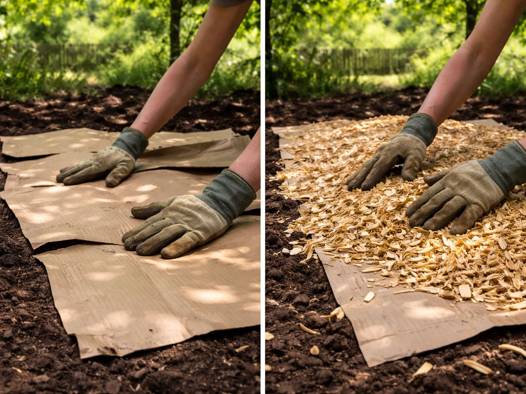 Gloved hands laying cardboard and topping with wood chips for an outdoor mushroom bed under tree shade.