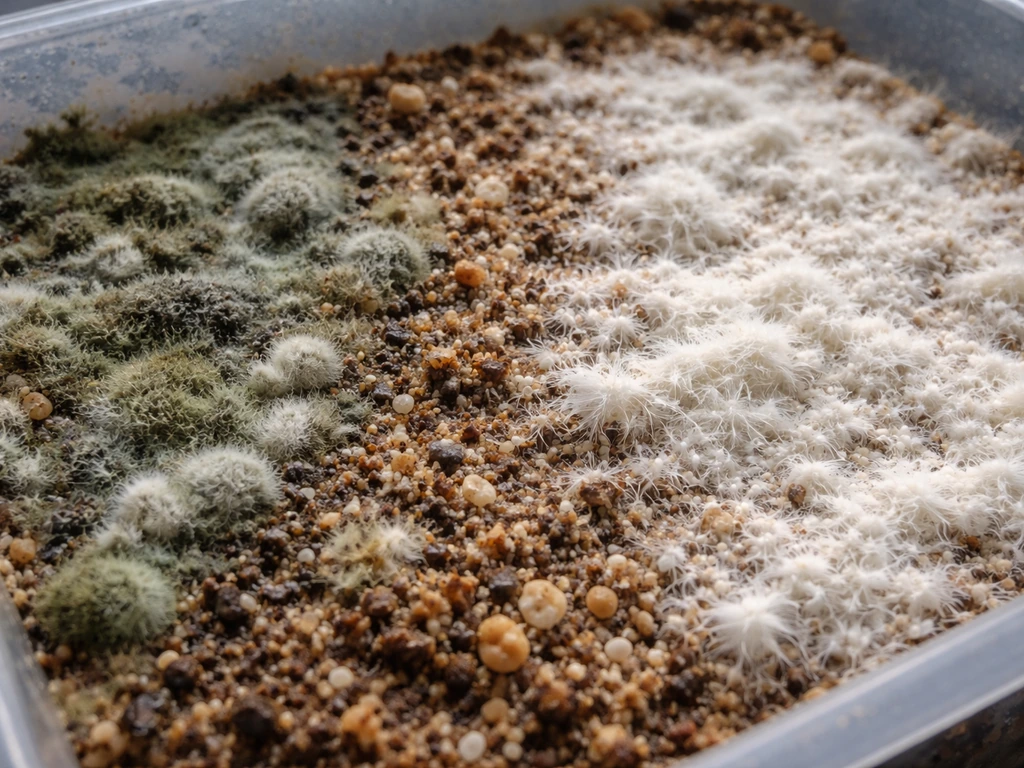 Close-up of mushroom substrate with green and black mold next to a healthy white mycelium area.