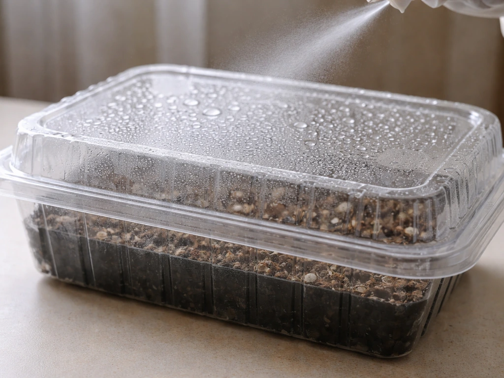 Clear plastic container with lid condensation and fine mist to show humidity control for spore sowing