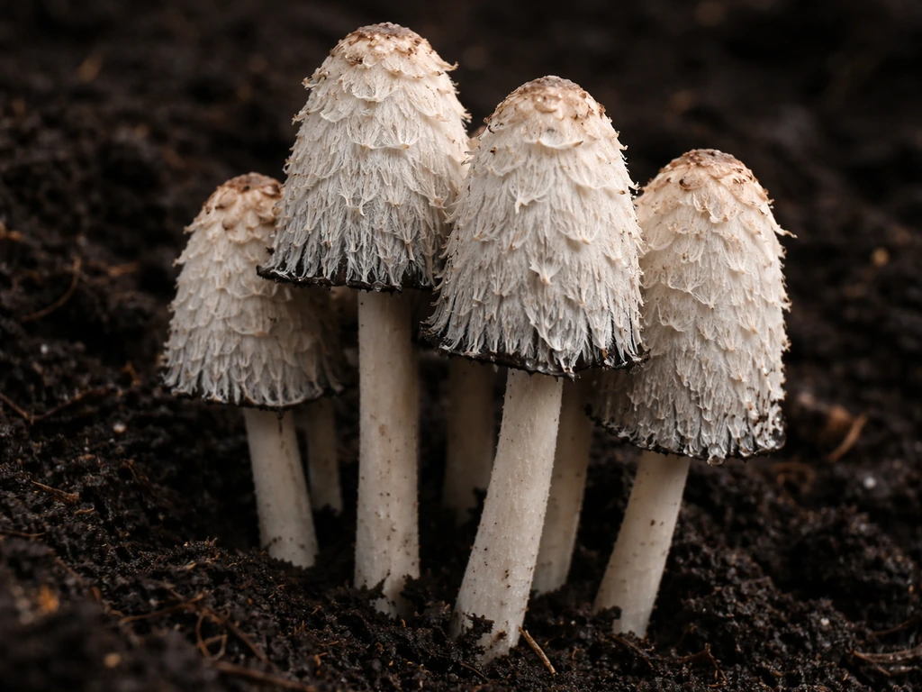 Close-up of mature shaggy mane mushrooms with shaggy white caps over dark compost/soil
