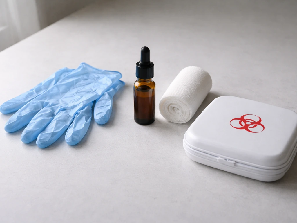 Minimal tabletop scene with safety gear and sealed medical-style items emphasizing legal safety and sanitation.