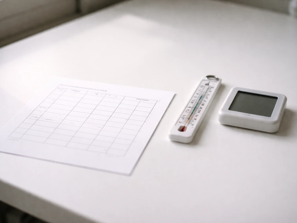 A printed requirements grid sheet on a bench next to a thermometer and blank hygrometer.