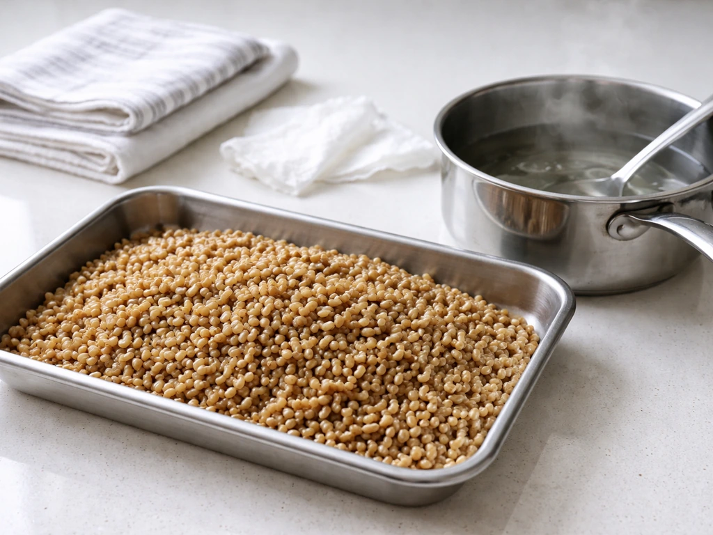 Close-up of drained rye berries in a metal tray with a small pot steaming nearby, clean prep setup.