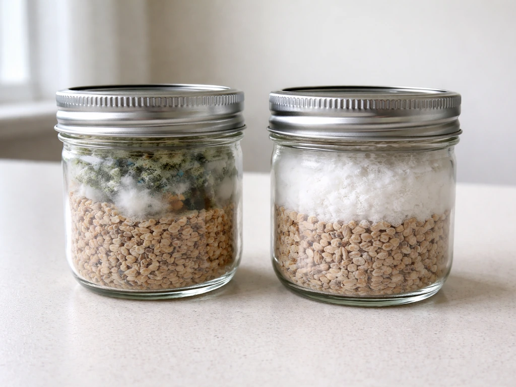 Side-by-side jars: one with green/black mold contamination, the other with clean white mycelium.