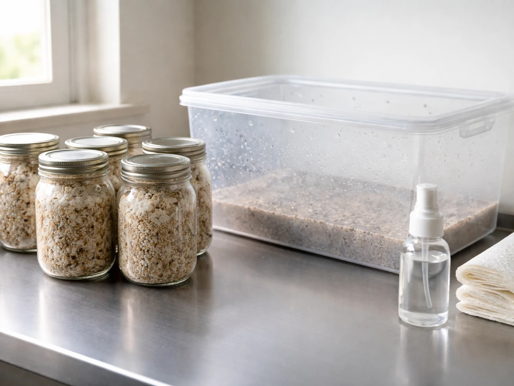 Indoor still-life of sterilized grain spawn jars and a simple fruiting chamber setup for growing ape mushrooms.
