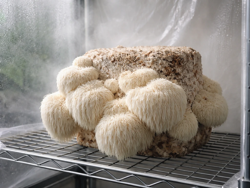 White lion’s mane mushroom fruiting from a block inside a humid indoor grow tent in Australia