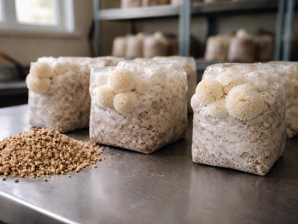 Close-up of lion’s mane spawn and ready-to-fruit grow blocks on a clean stainless surface.