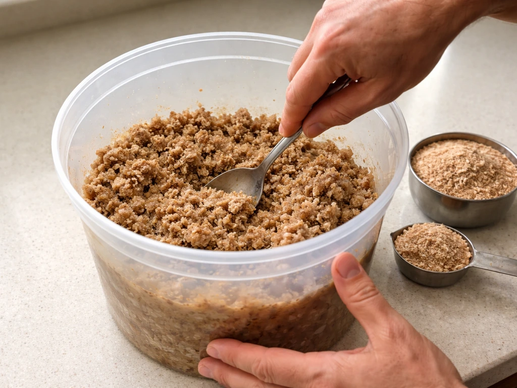 Hand hydrating hardwood sawdust pellets in a bucket with water before mixing a bran supplement