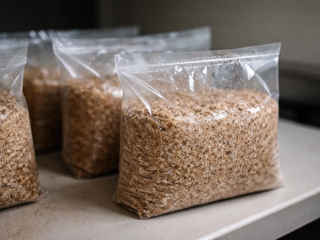 Close-up of inoculated supplemented hardwood sawdust blocks inside clear bags in a clean lab-like setting