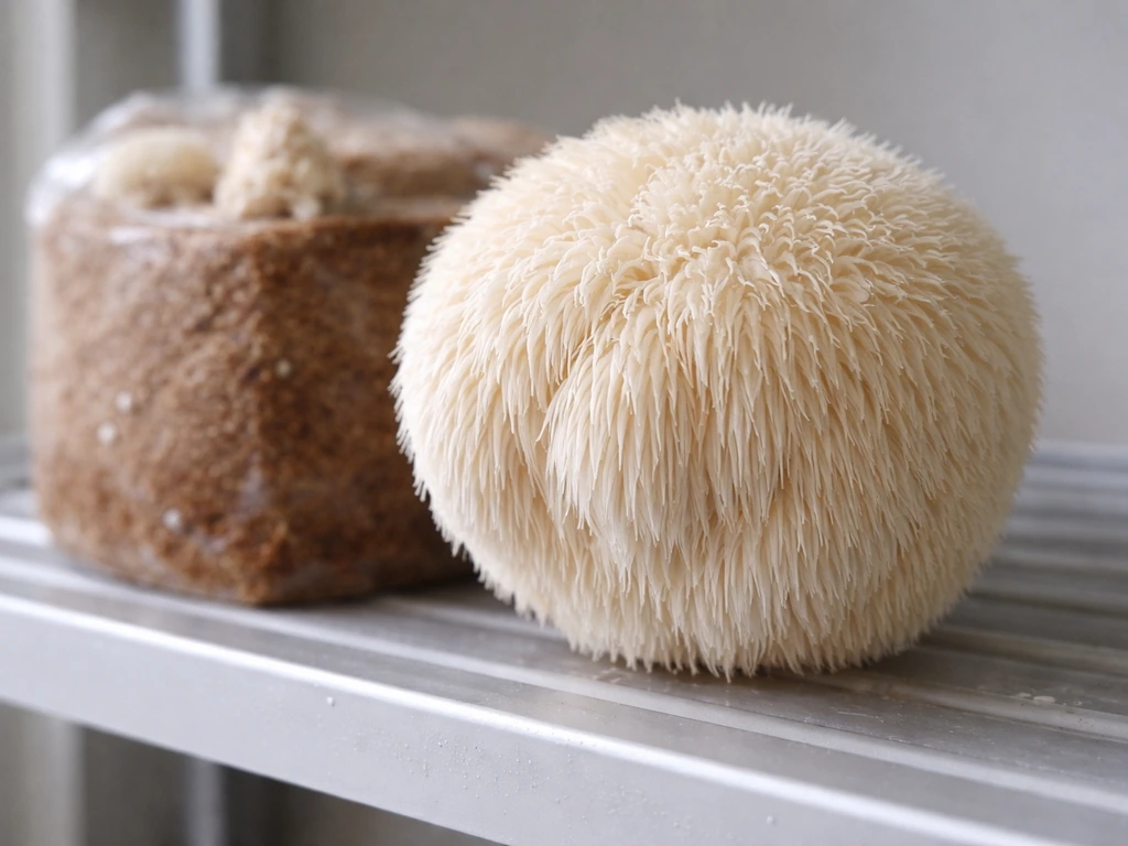 Lion’s mane mushroom with white spines just starting to elongate beside a cultivation block for the next flush.
