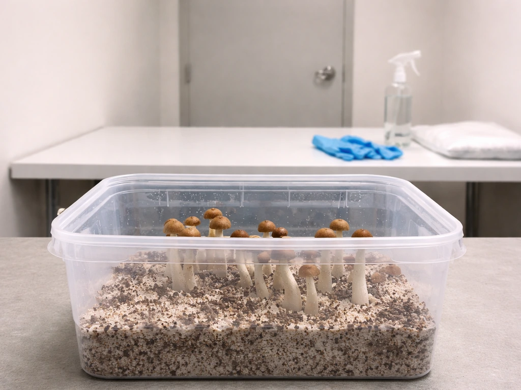 Indoor grow setup showing young mushrooms in a clear container with a clean contamination-control workflow area behind