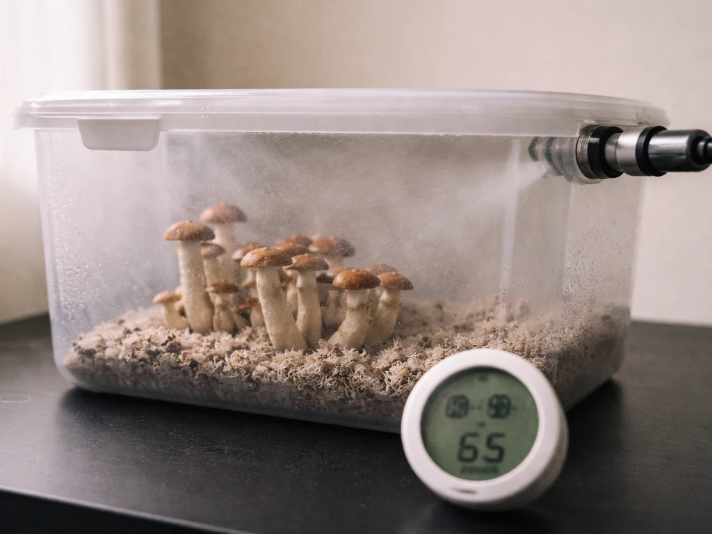 Minimal fruiting chamber setup with spray misting and a humidity hygrometer showing high RH