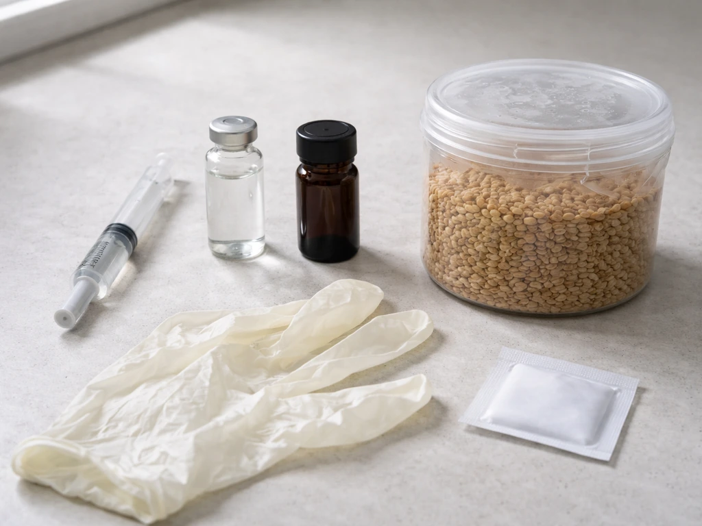 Three mushroom starting materials—syringe, liquid culture vial, and grain spawn—laid out on a clean countertop.