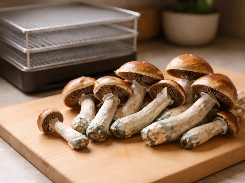 Harvest-ready cubensis mushrooms beside a mesh drying rack or dehydrator on a clean countertop.