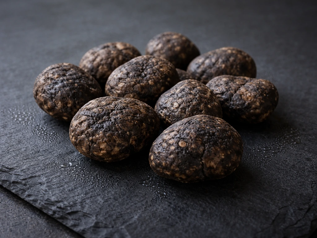 Mature dark sclerotia compact masses on a clean dark slate background, sharply focused texture detail.