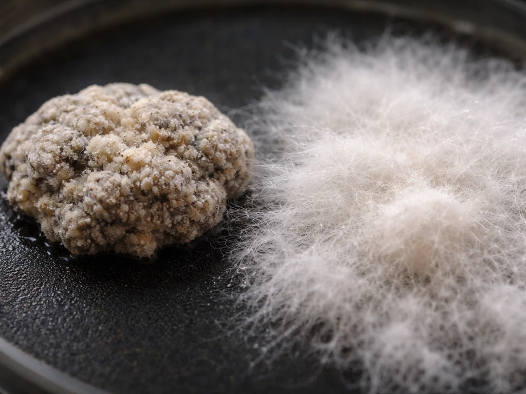 Close-up showing a compact hardened fungal lump beside fluffy cottony mycelium.