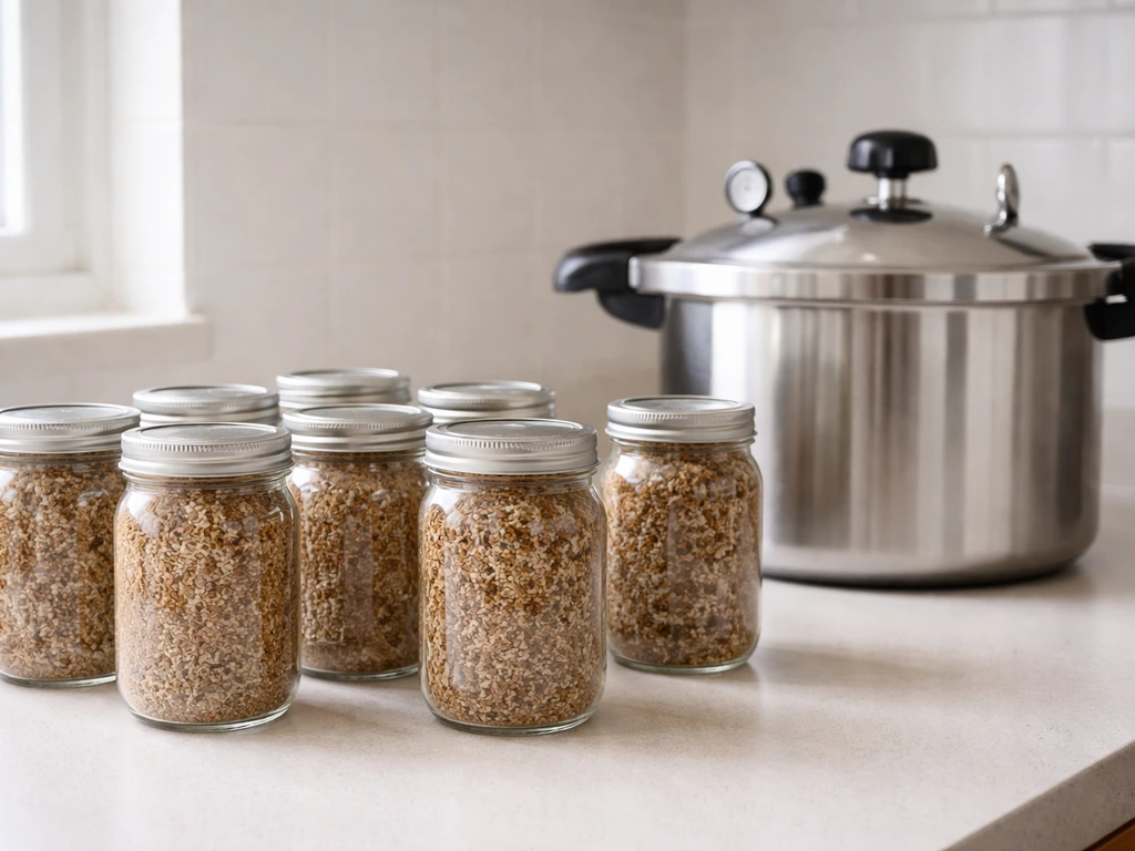 Glass jars of mixed substrate beside a closed pressure cooker on a kitchen counter during sterilization
