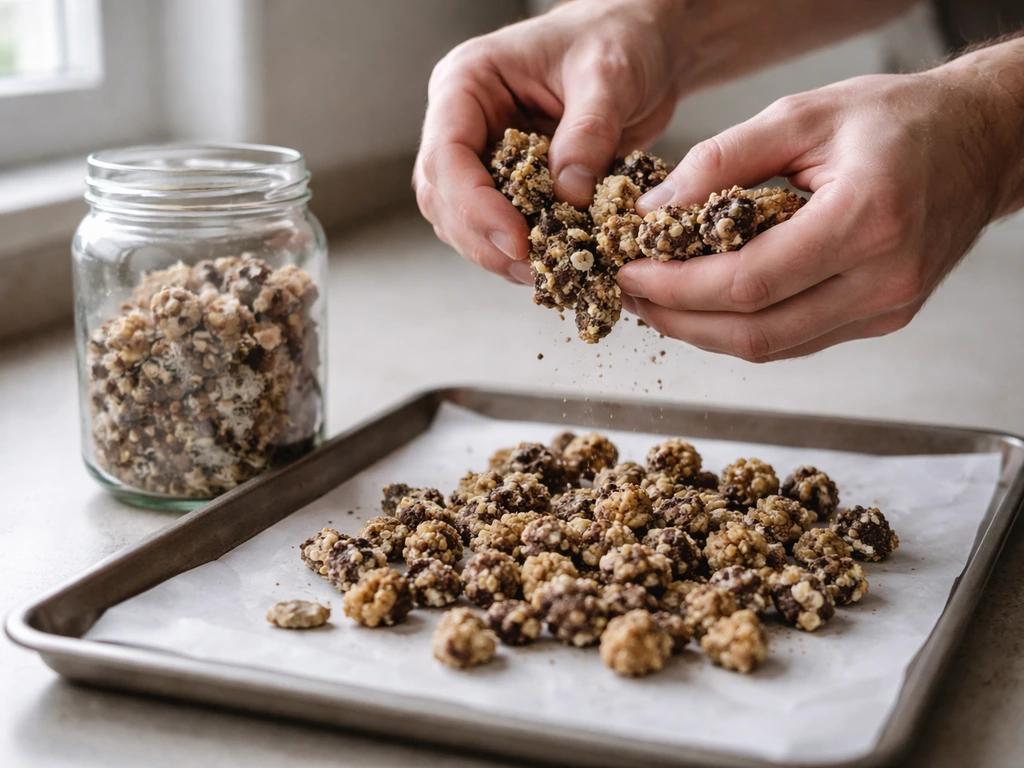 Opened jar with dark sclerotia crumbling into hands, then settling on a simple drying tray.