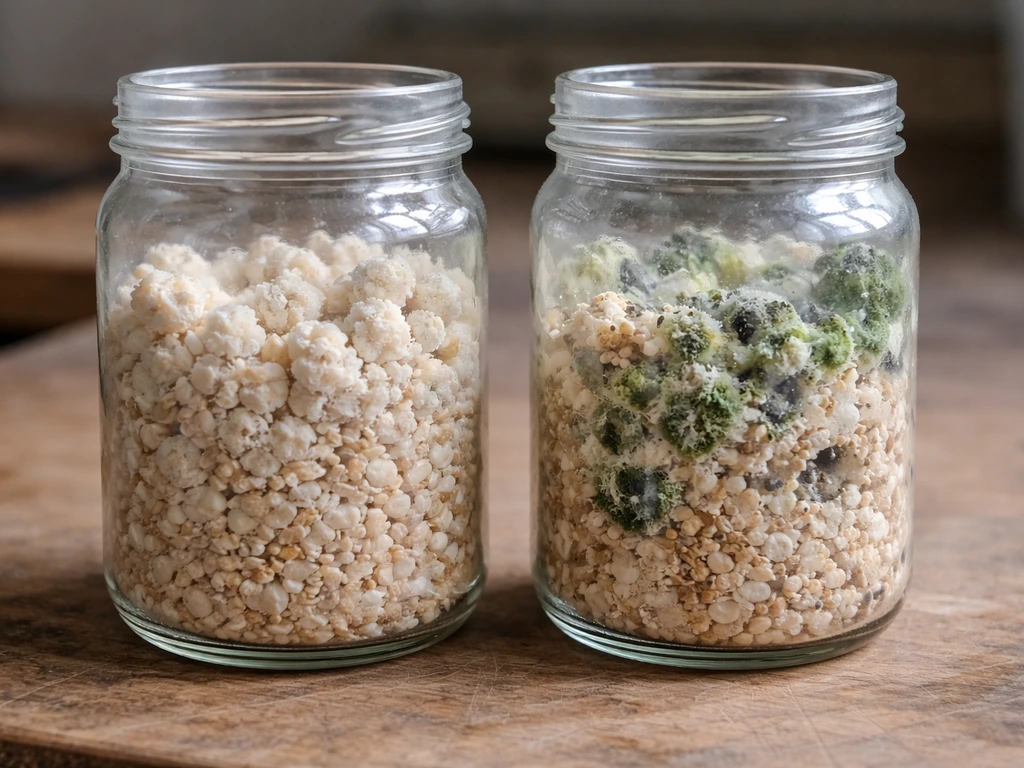 Two lab jars on a bench: one with healthy white growth, one with green/black mold contamination