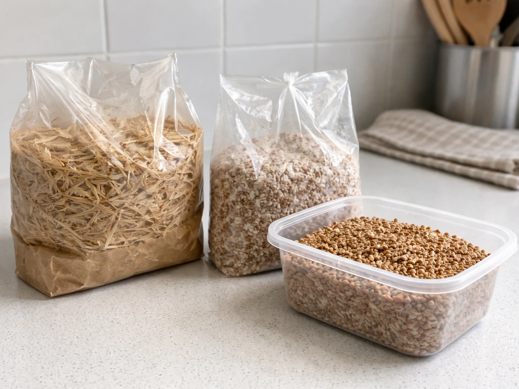 Straw spawn and grain spawn in bags and a clear container on a clean kitchen counter.