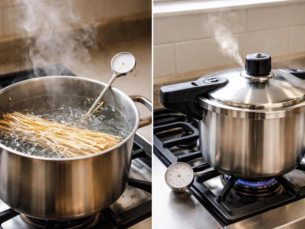 Split scene showing straw pasteurizing in boiling water versus a pressure cooker releasing steam for sterilization.
