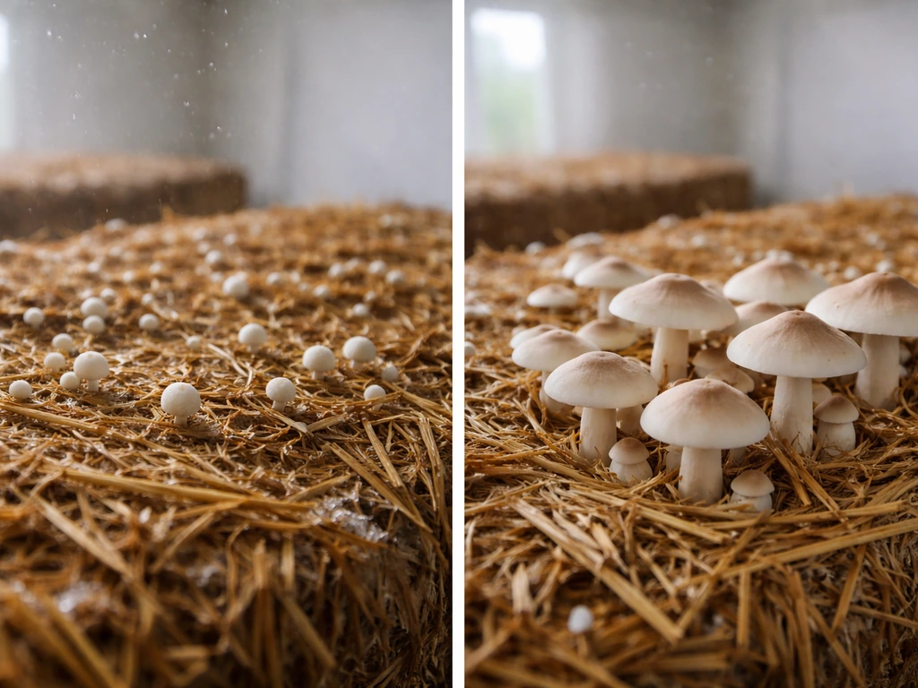 Two close views of a mushroom grow bed showing tiny pins and mushrooms opening near harvest.