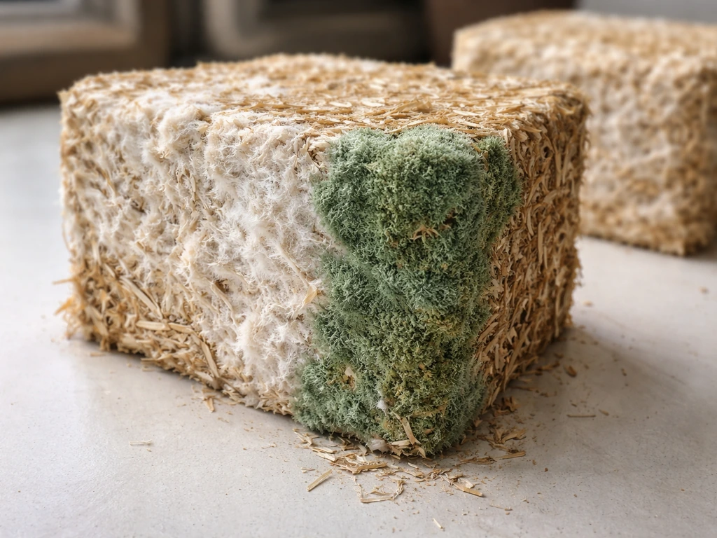 Close-up of a colonized straw block showing green mold on one side and healthy growth on the other.