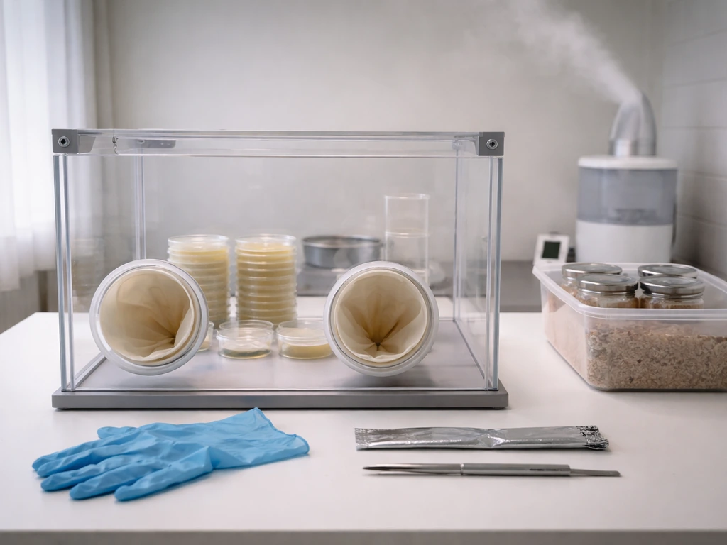Minimal indoor mycology setup with still-air box, agar plates, gloves, and a humid grow-room ambiance.