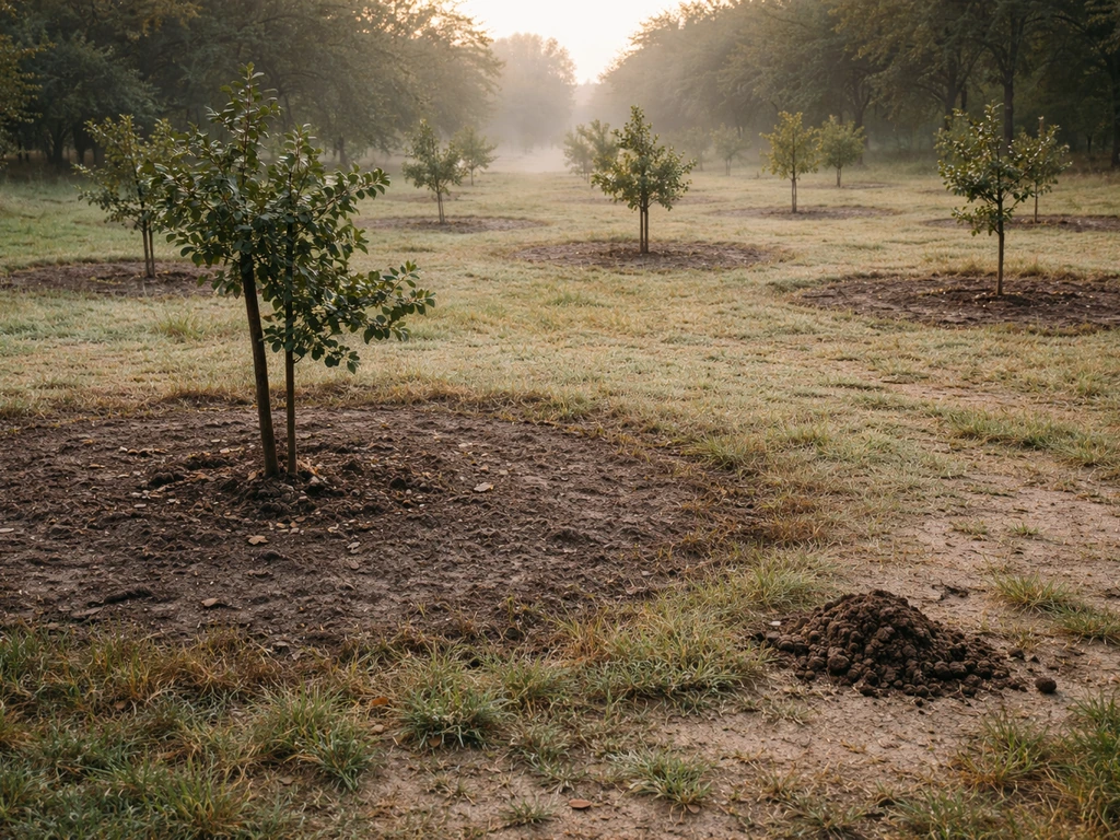 Young inoculated oak trees with stunted grass brûlé zones on sandy soil at dawn.